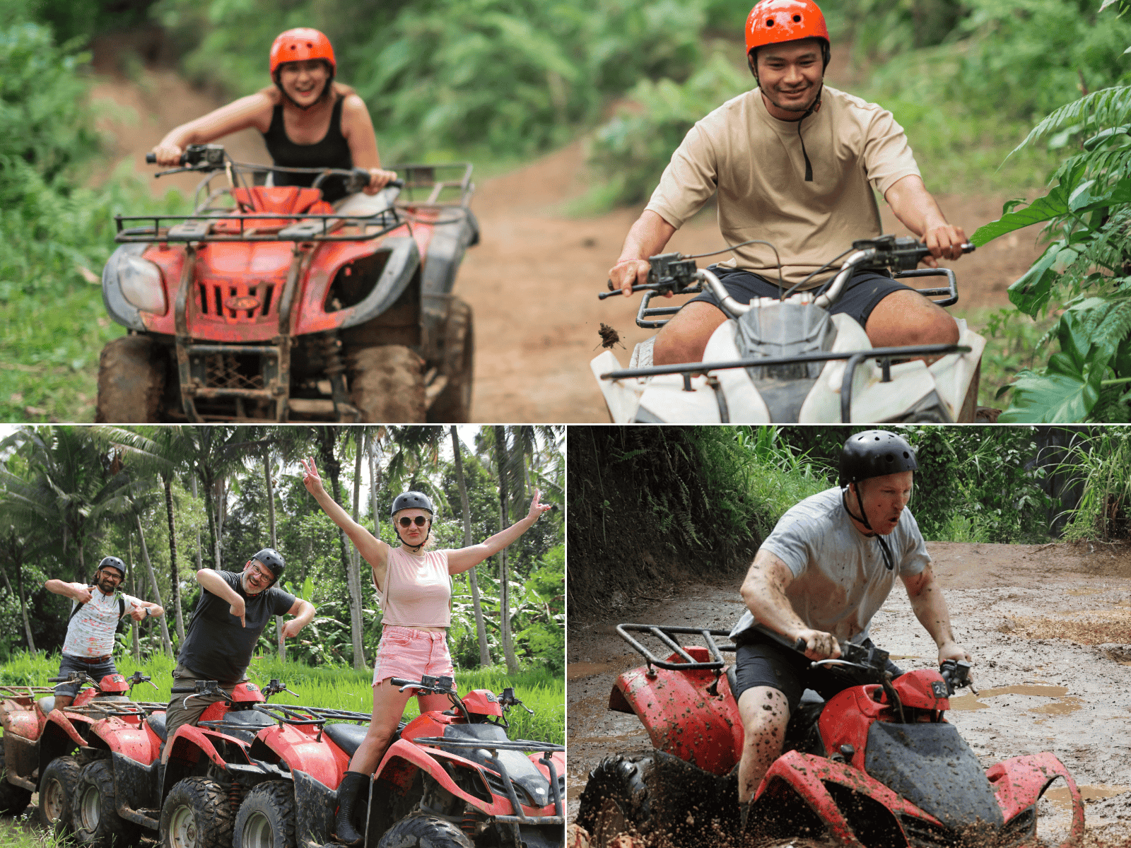 Tourists riding ATVs through jungle trails in Ubud, Bali
