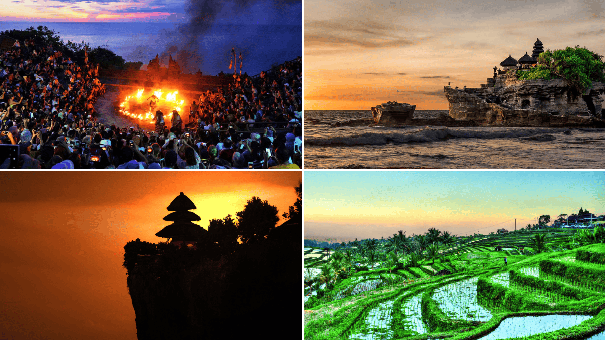 Collage of Bali cultural landmarks including Kecak dance, Tanah Lot Temple, Uluwatu Temple, and Tegalalang rice terraces.