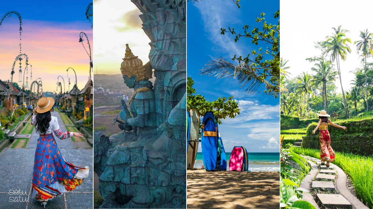 Collage of Bali travel experiences including traditional village, temple statue, beach surfing scene, and rice terrace landscape.