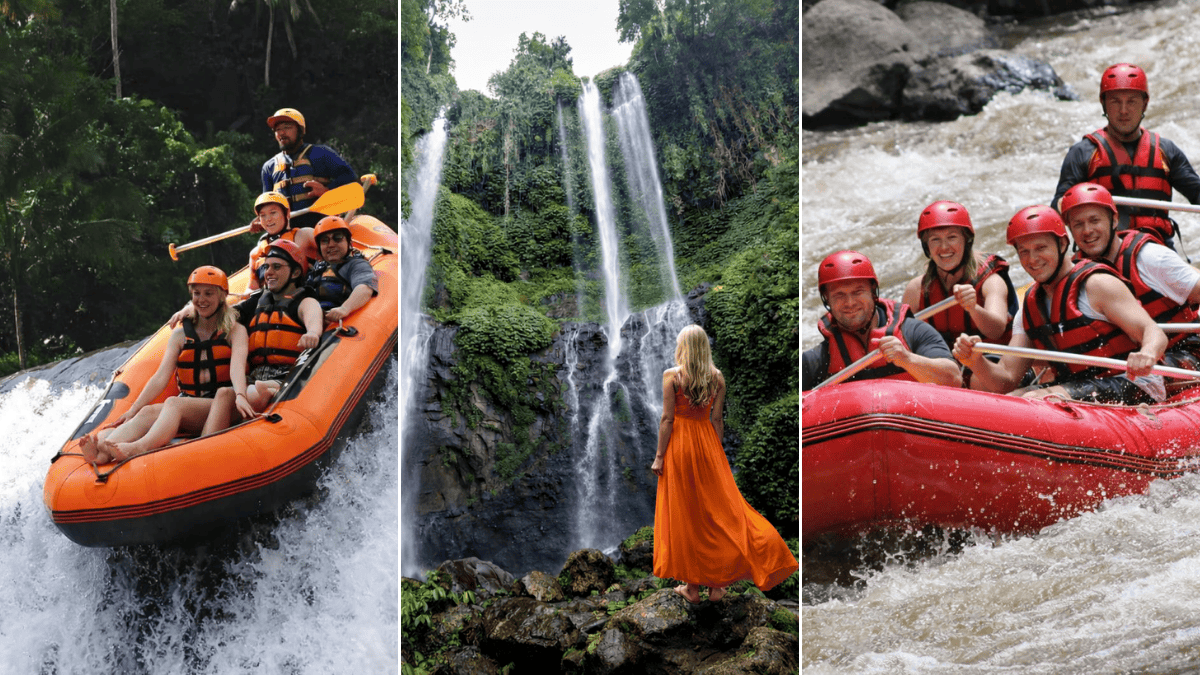 Collage of jungle waterfalls and white water rafting adventure in Bali.