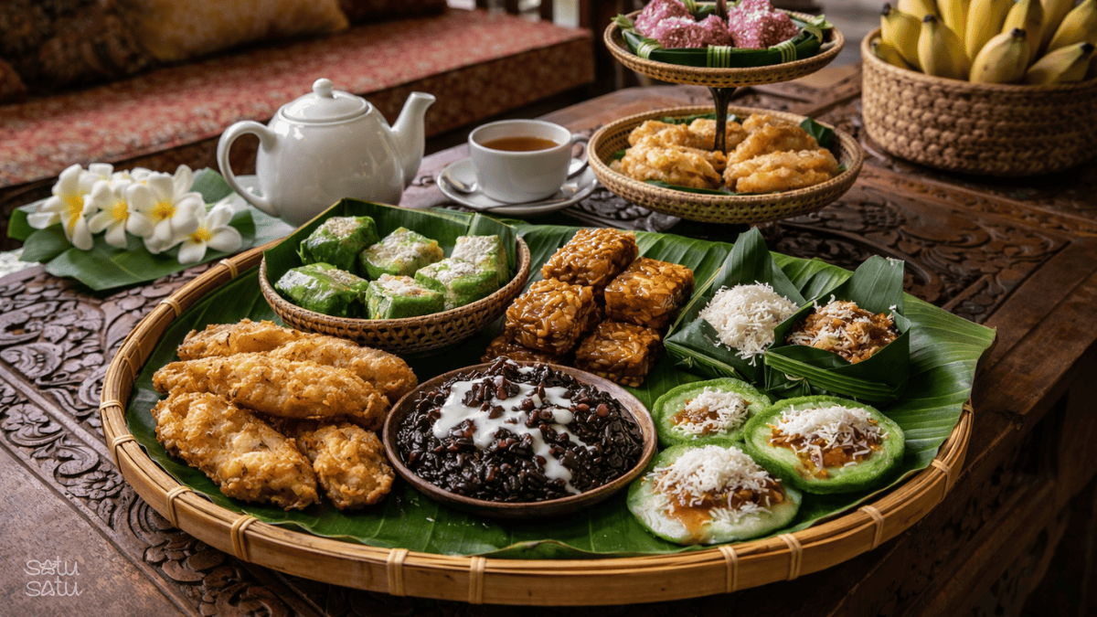 Traditional Balinese snacks including pisang goreng, laklak, wajik, and bendu served on banana leaves in Bali, Indonesia.