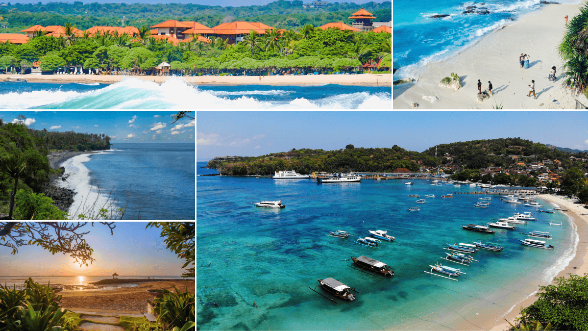 Collage of Bali beaches featuring turquoise waters, white sand, coastal cliffs, and boats along the shoreline.