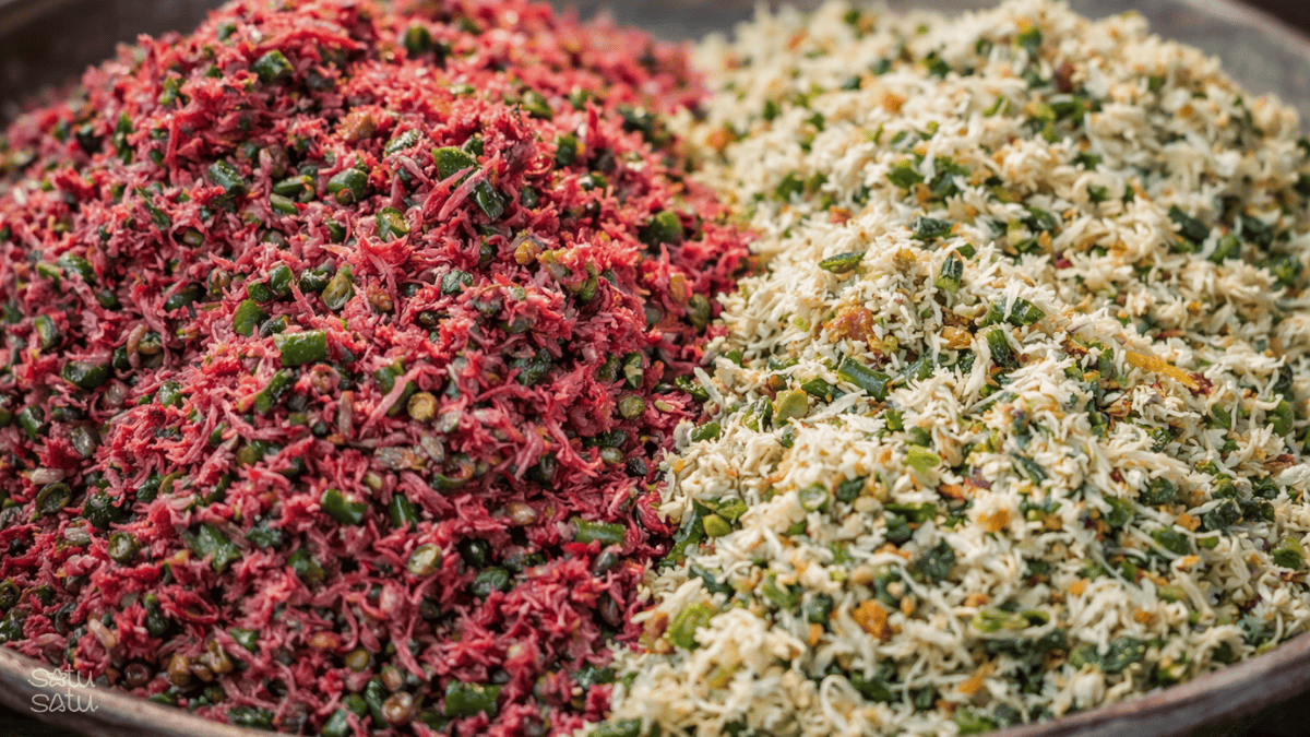 Traditional Balinese lawar merah and lawar putih, mixed minced meat and vegetables with coconut and spices, served in Bali, Indonesia.