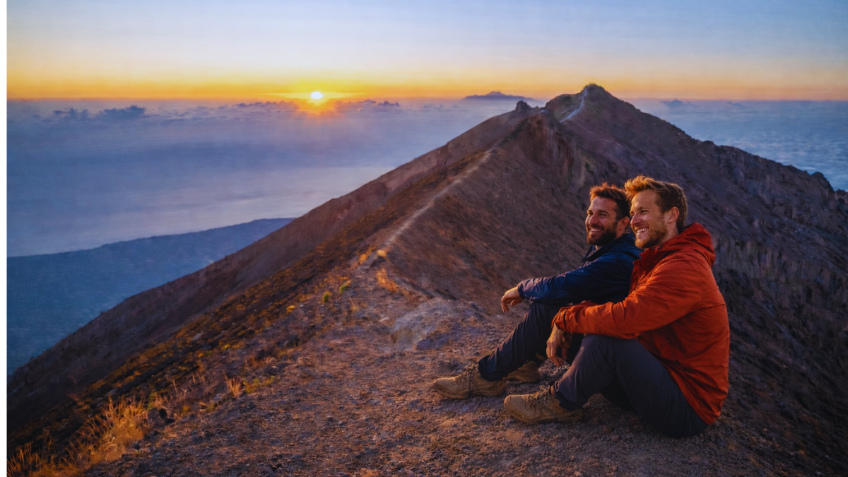 Two hikers sitting on the summit ridge of Mount Agung in Bali, enjoying sunrise with volcanic landscape and clouds in the background.