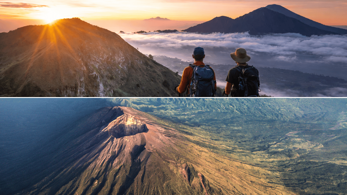 Collage of Mount Batur sunrise trekking and Mount Agung volcanic crater landscape in Bali.