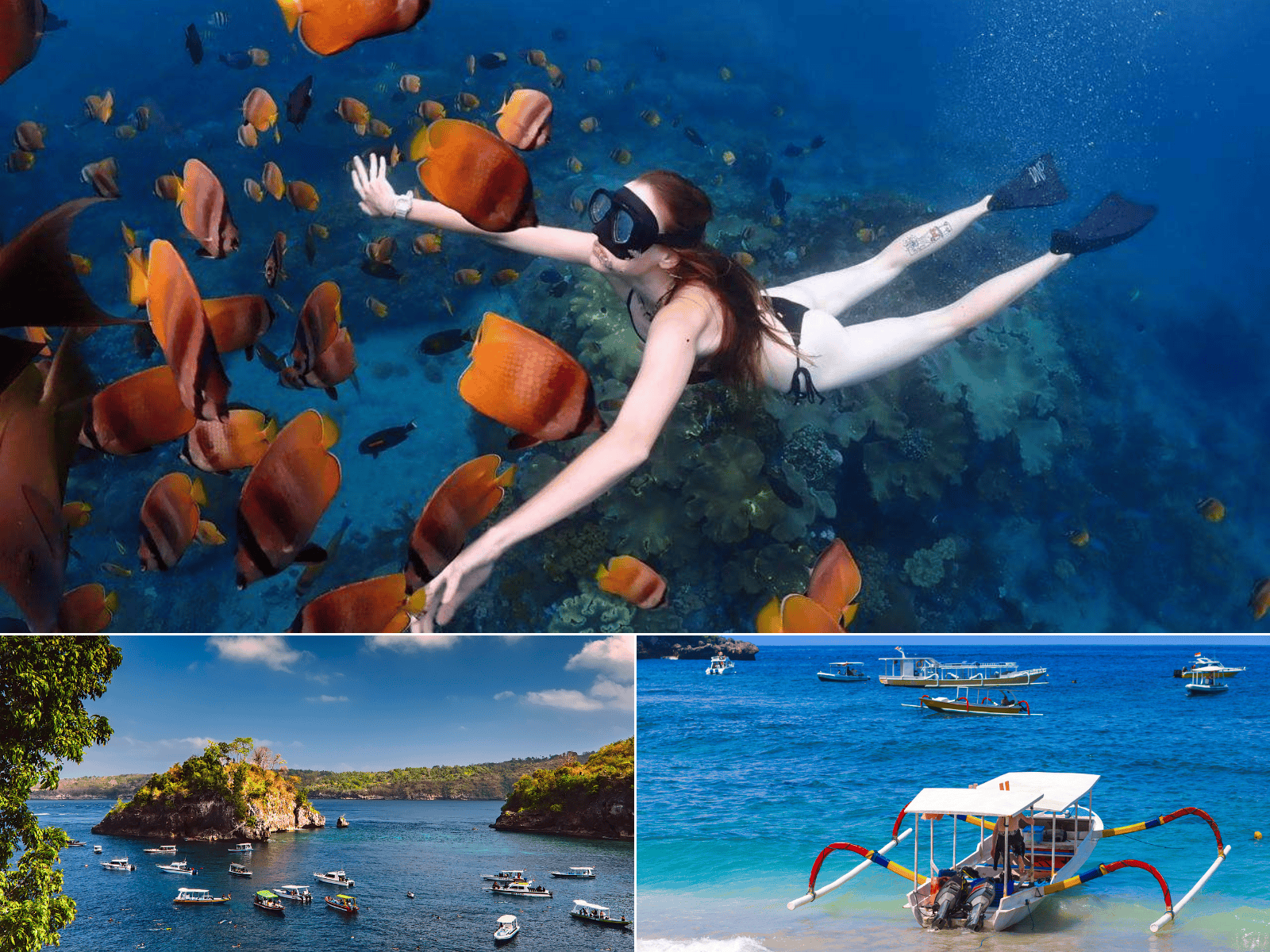 Snorkeling in Nusa Penida with tropical fish and traditional boat at Crystal Bay, Bali