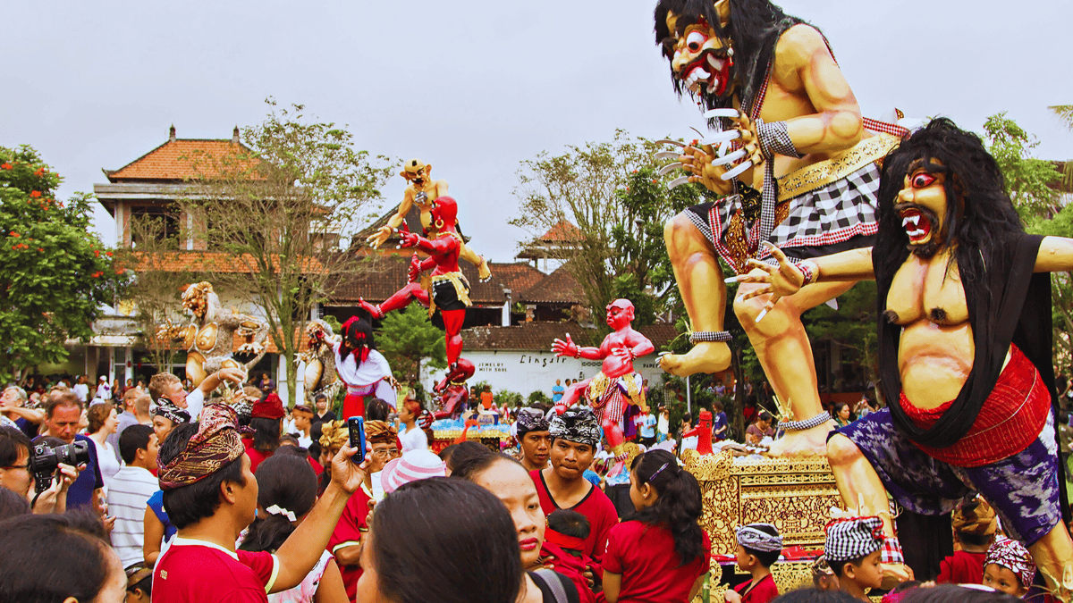 Ogoh-ogoh statues carried during a traditional parade in Ubud, Bali.