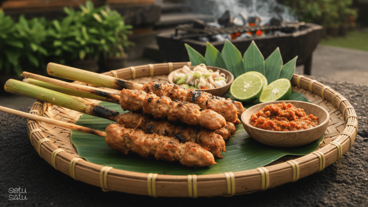 Traditional Balinese sate lilit made from minced fish and spices, wrapped around lemongrass sticks and served with sambal and lime in Bali, Indonesia.