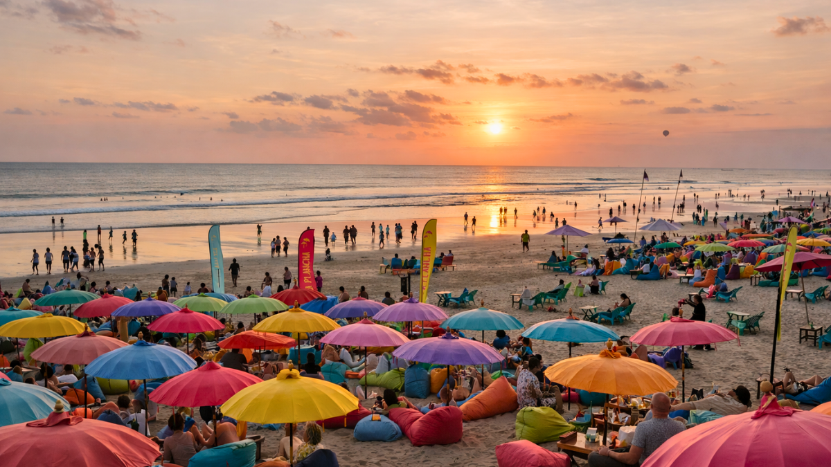 Best Beaches in Bali: Where to Swim, Surf, and Relax Seminyak Beach in Bali at sunset with colorful umbrellas, people relaxing, and ocean views.
