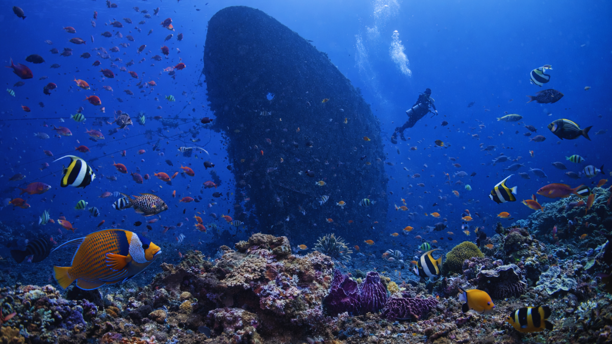 Scuba diver exploring coral reef near the USAT Liberty shipwreck in Tulamben, Bali.