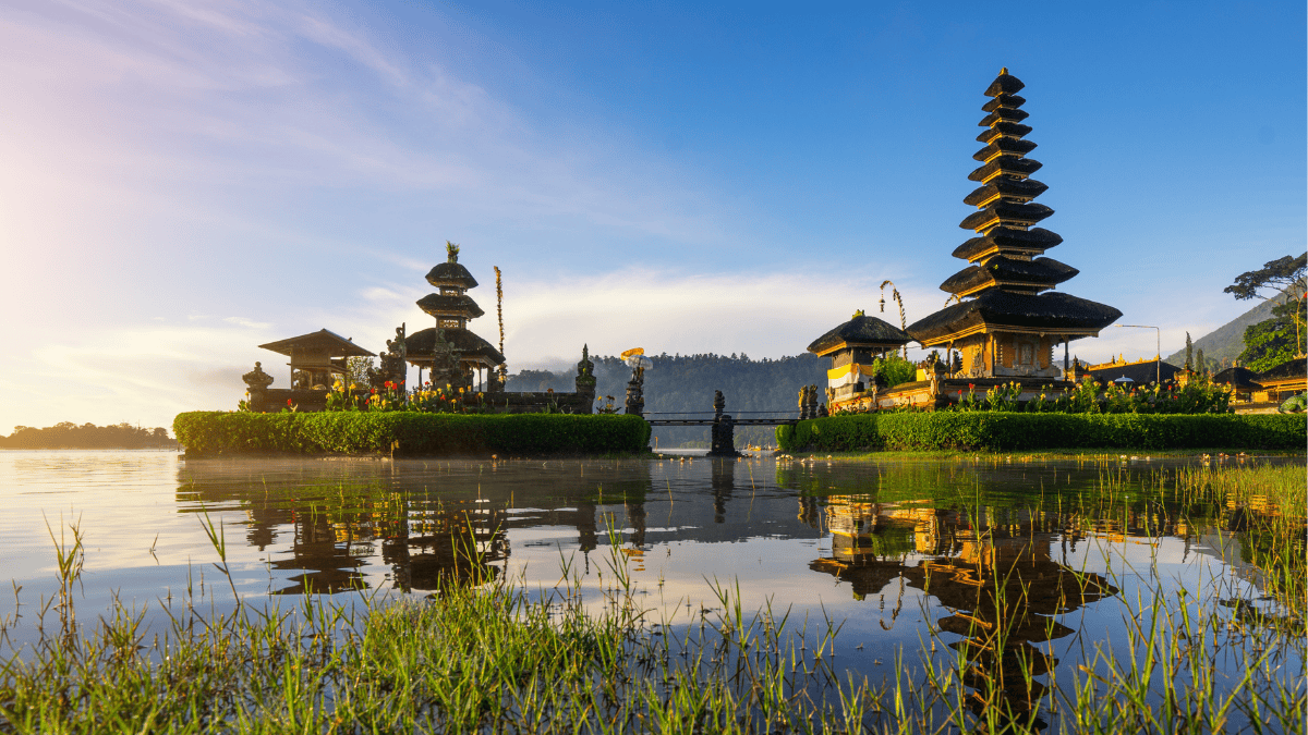 Ulun Danu Beratan Temple reflected on Lake Beratan in Bali.