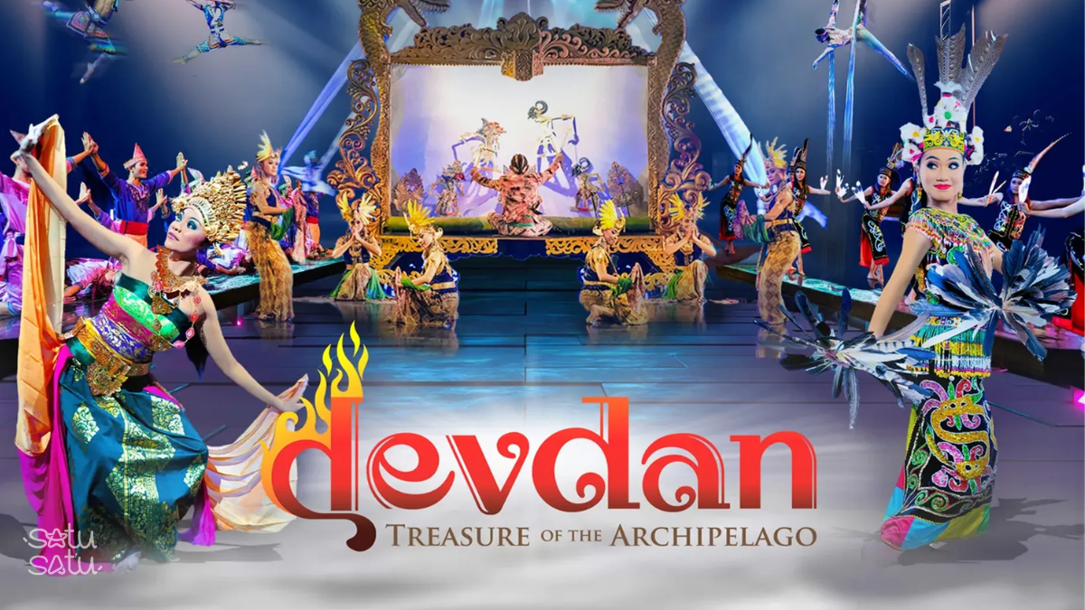 Devdan Show Treasure of the Archipelago stage performance featuring traditional Indonesian dancers in colorful costumes in Bali