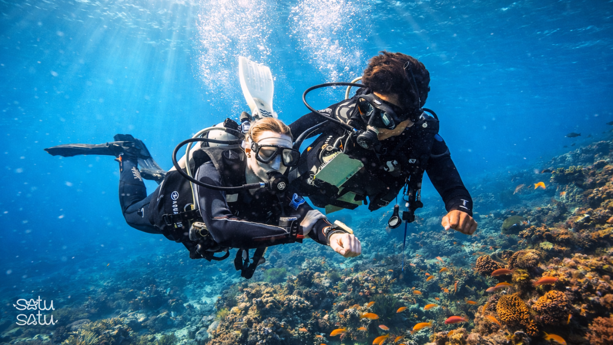 Beginner scuba diver learning underwater skills with a professional instructor in Bali.