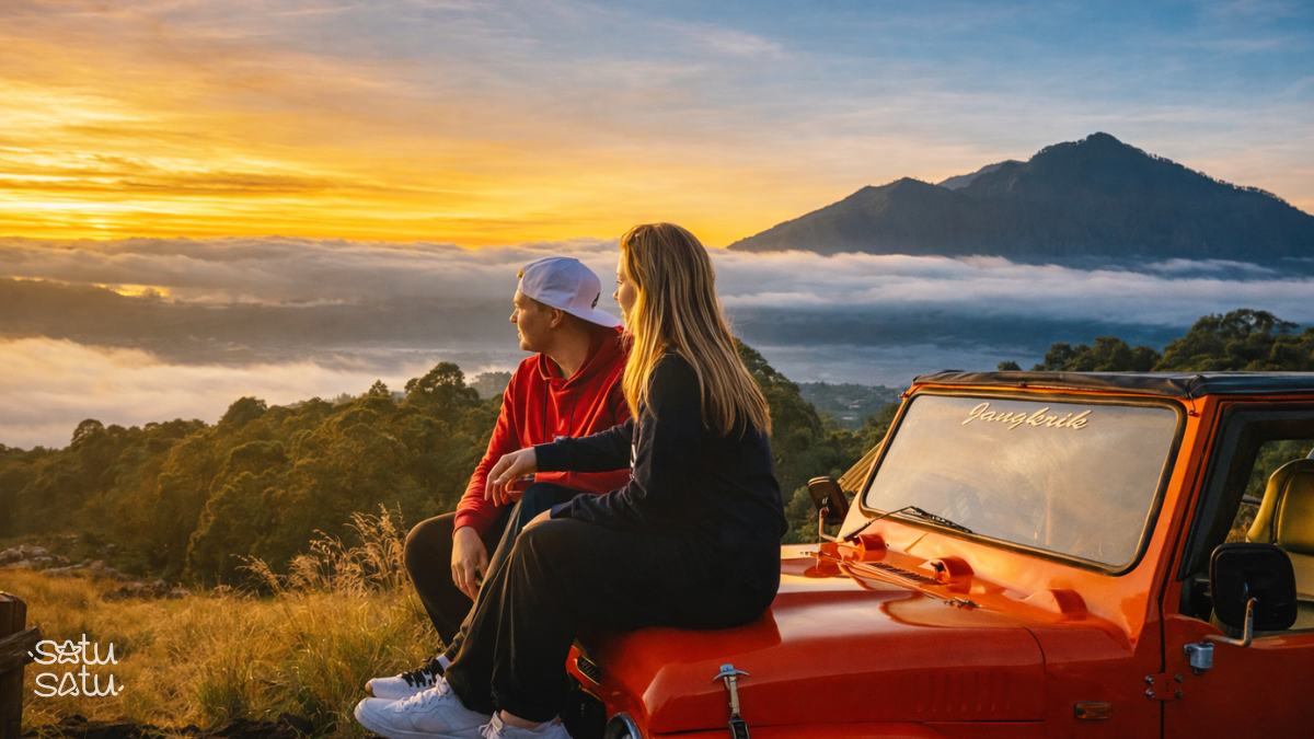 Couple enjoying sunrise after a Mount Batur jeep tour overlooking misty valleys in Bali.